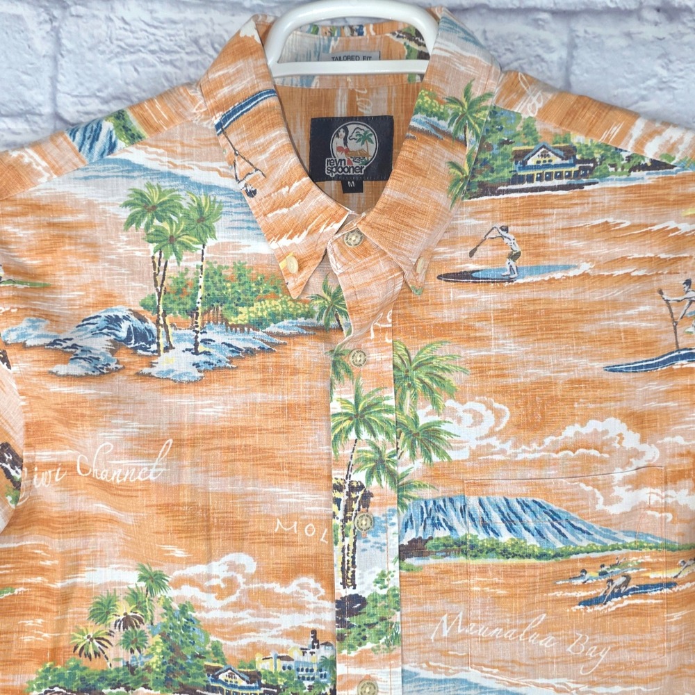 Reyn Spooner Men Button Shirt Orange Hawaiian Scenic Tailored Fit Size Medium